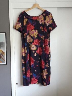 Boden Navy Silk Blend Dress Pink, Red & Yellow Floral Print